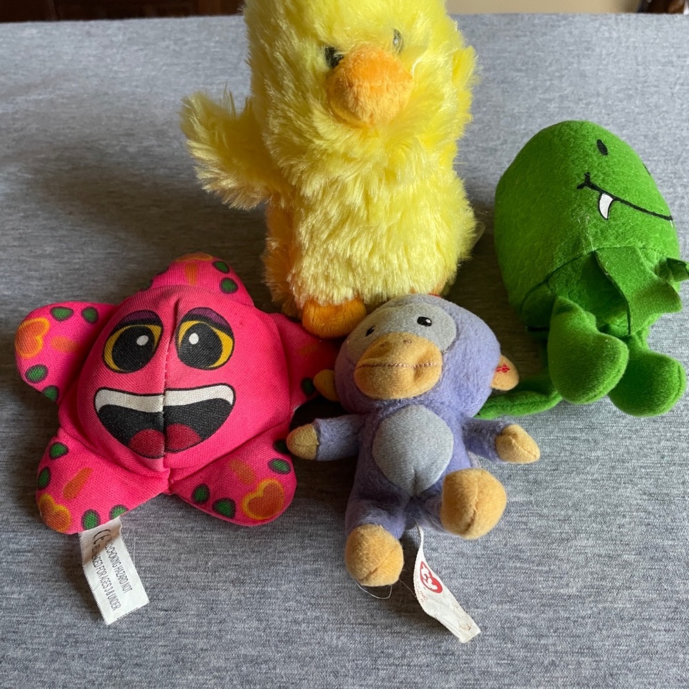 Plush Kids Toy Set - Yellow Chick, Pink Star, Purple Monkey, Green Monster